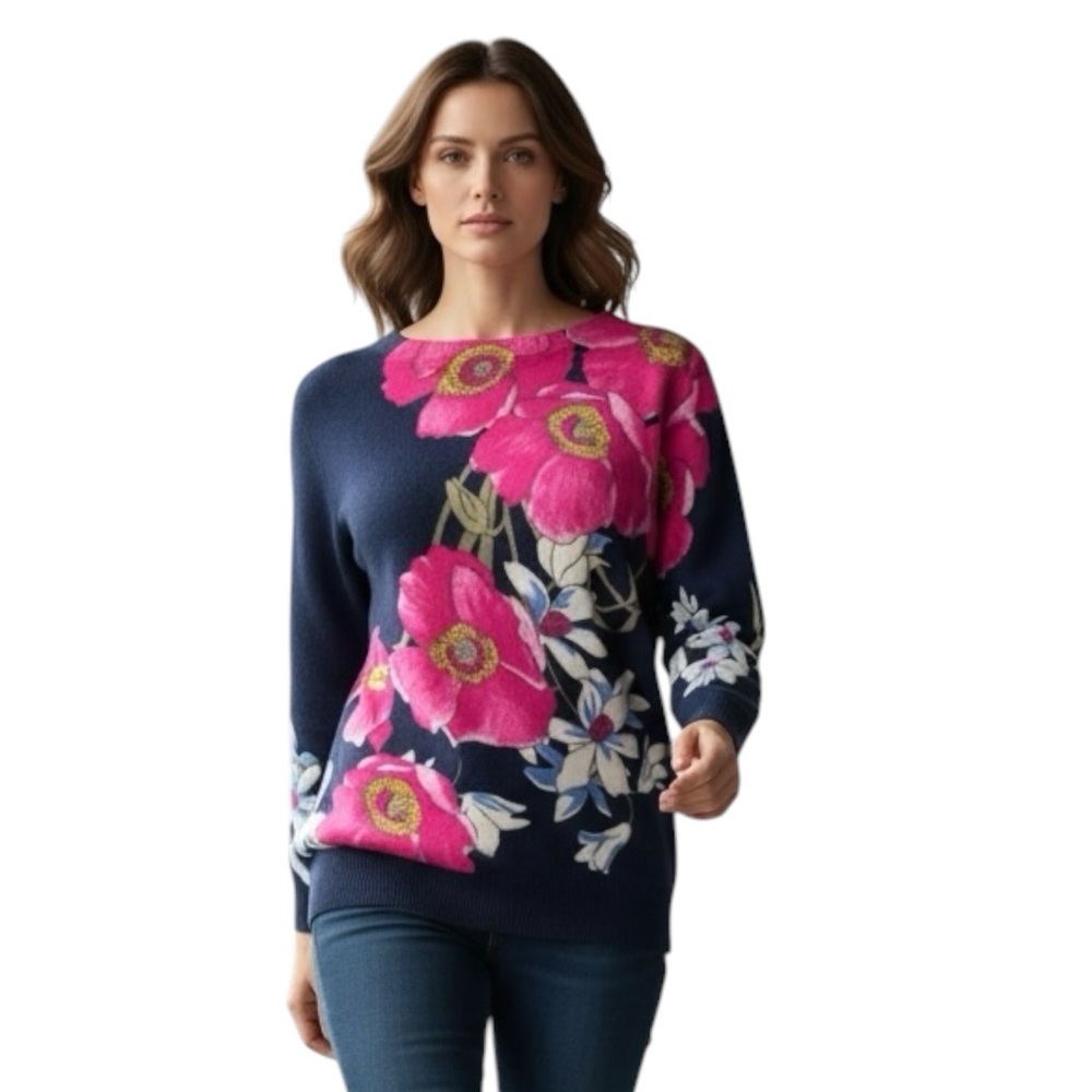 Talbots Cashmere Audrey Elegant Navy Sweater with Bold Pink Floral Print M